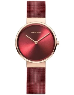 Budget ❤️ Bering Ladies Classic Collection Red Milanese Stainless Steel Analog ⌚ Watch 14531-363 ⭐