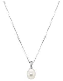 Best Sale 🔔 Pure Elements Pave Cubic Zirconia Drop White Pearl Pendant Necklace In Silver 🔔